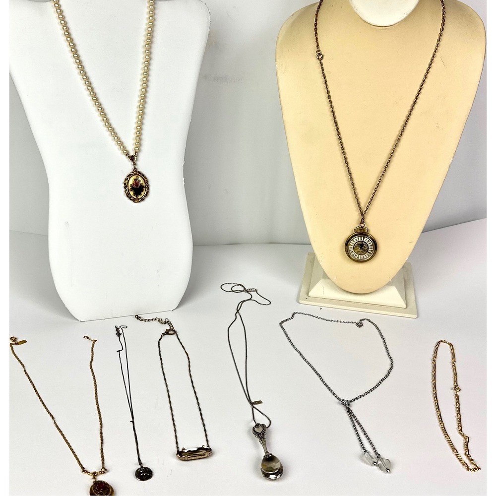 Vintage Style Necklace Lot 9pc Locket Faux Pearl Watch Spoon Pendant Gold Silver